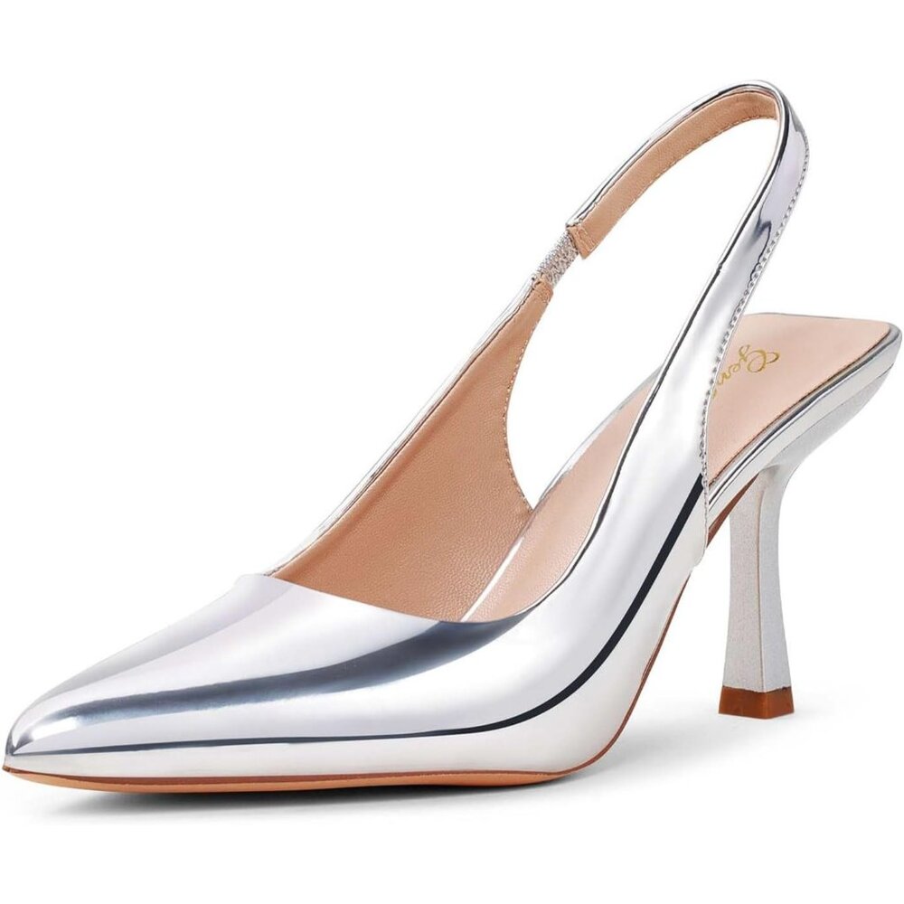 🆕Women's Silver Pu Slingback Kitten Heel Pointed Closed Toe Stiletto Pumps Slip